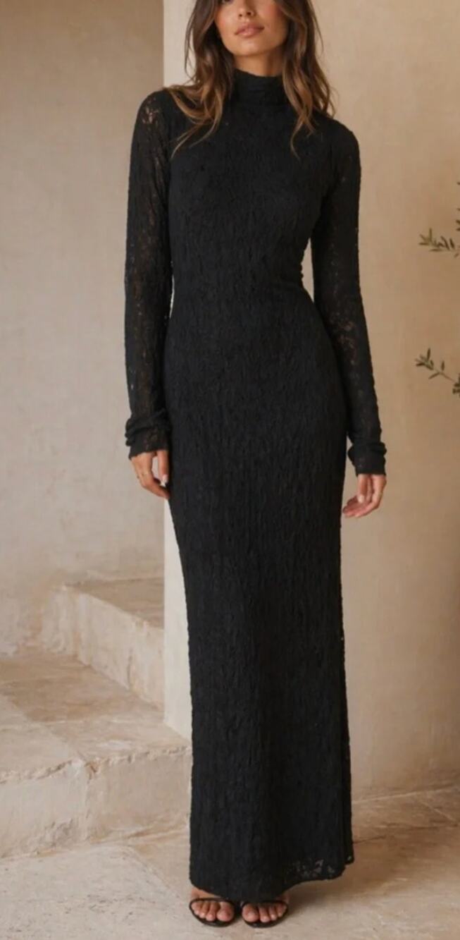 Camila Coelho Black lace long Sleeve Maxi overlay Dress -M